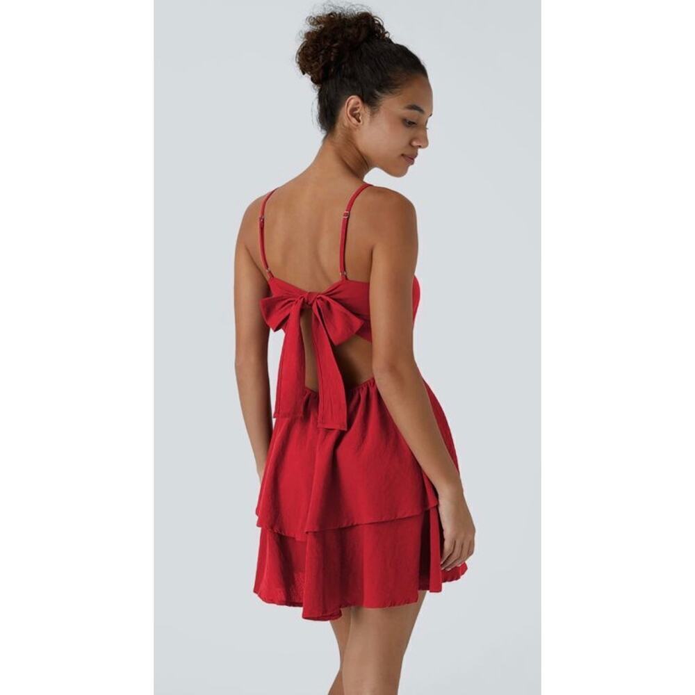 Halara Tie Back Tiered Ruffle Flowy Slip Mini Casual Linen-Feel Dress